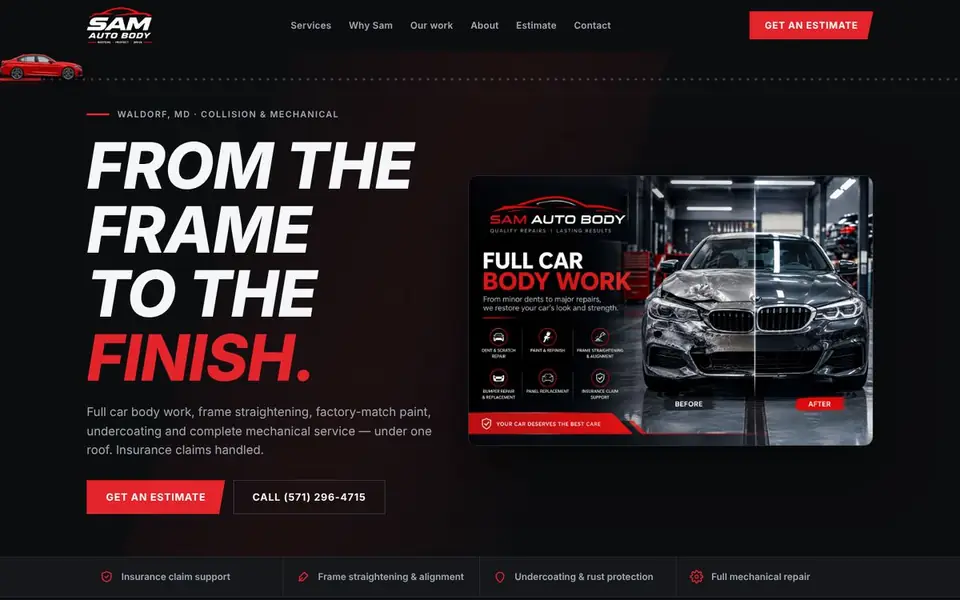 Homepage of the Sam Auto Body website