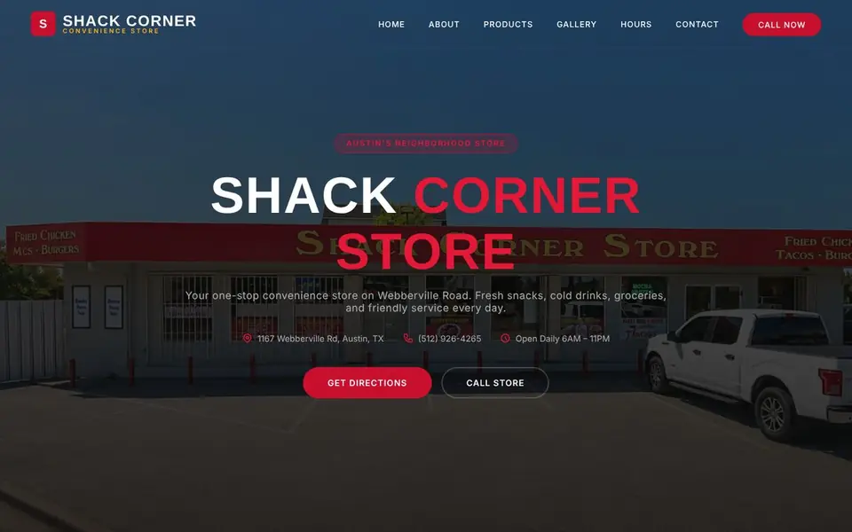 Homepage of the Shack Corner Store website
